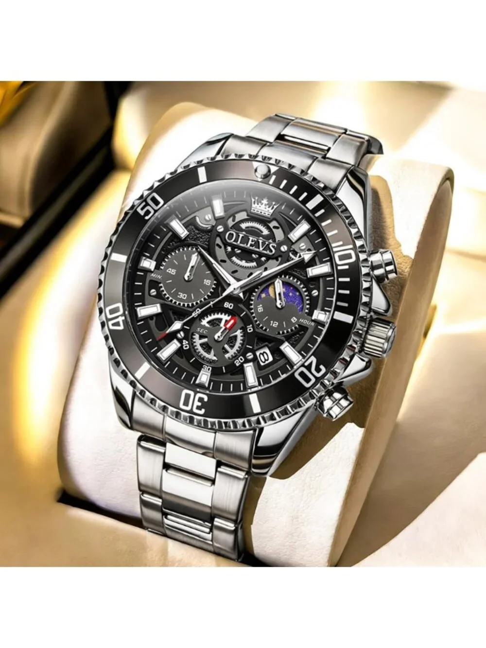Men's Silver-Black Stainless Steel Waterproof Business Date Dress Wrist Watch